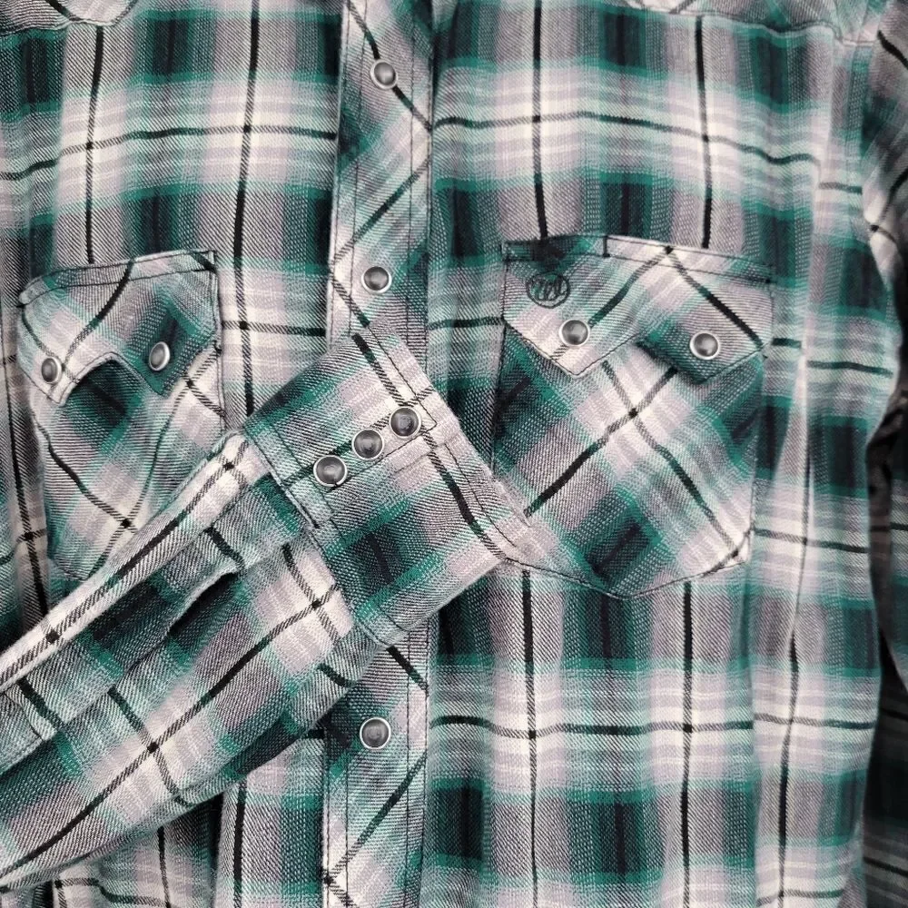 Wrangler Green Black Flannel Long Sleeve Western Pearl Snap Shirt Men's XL